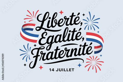 Liberty equality fraternity slogan with red, white, and blue accents for July 14 Bastille Day awareness badge  