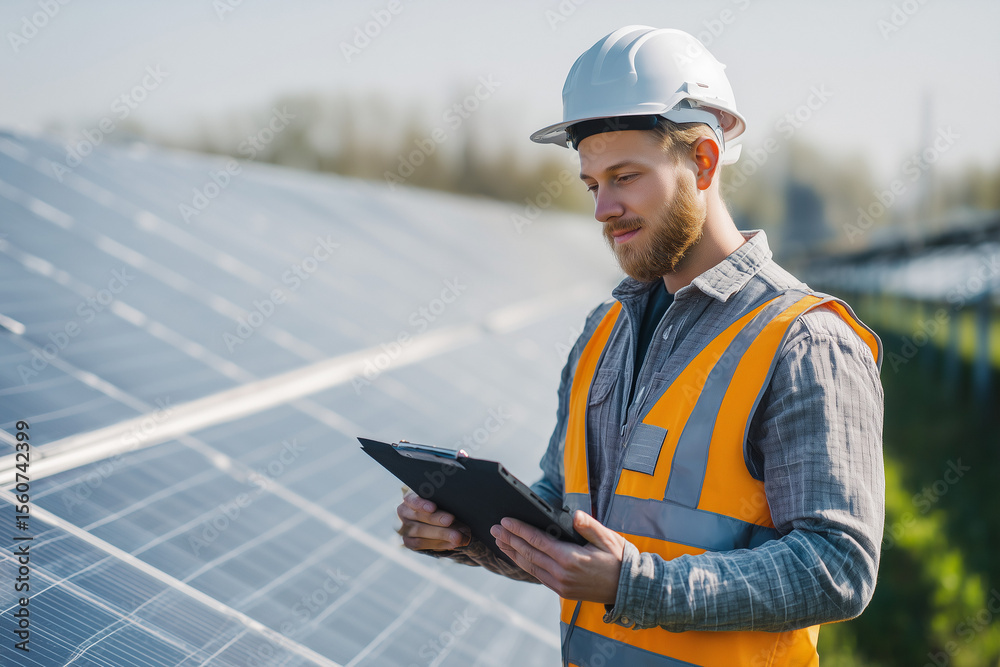 Fototapeta premium Engineer Inspecting Solar Panels at Renewable Energy Site