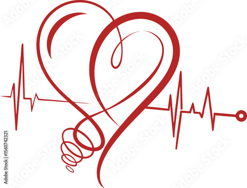 Elegant red heart intertwined with a heartbeat line silhouette isolated on transparent background