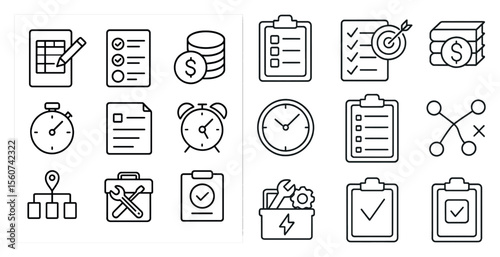 Set of icons for various tasks and goals. The icons include a clock, a check mark, a dollar sign, and a book. The clock is positioned in the center of the image
