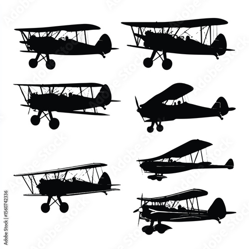 biplane silhouette set, Black & White silhouette set