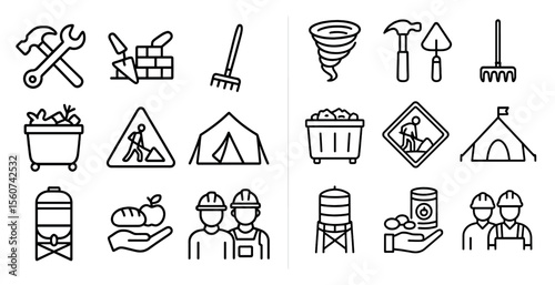 Set of construction and farm related icons. The icons include a hammer, a wrench, a shovel, a pick, a fork, a knife, a wheelbarrow, a bucket, a tent, a building, a person