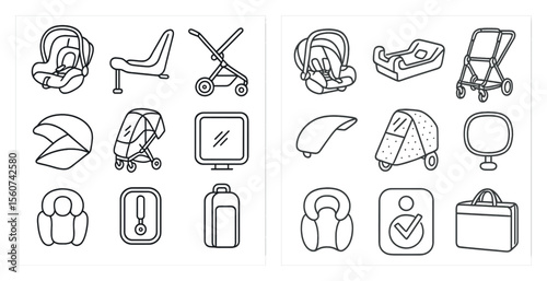 Set of baby items including a stroller, car seat, and a diaper bag. The items are arranged in a grid, with each item separated by a small space. Scene is that of a baby's essentials