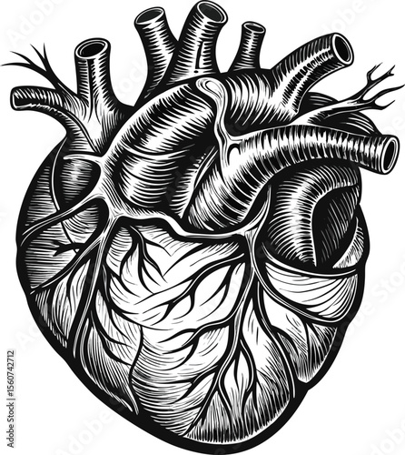 Detailed anatomical human heart illustration silhouette isolated on transparent background