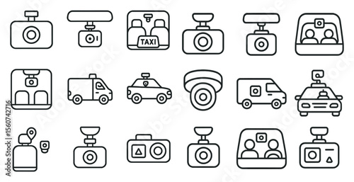 Set of black and white icons for various types of vehicles and devices, including a taxi, a police car, a camera, and a van
