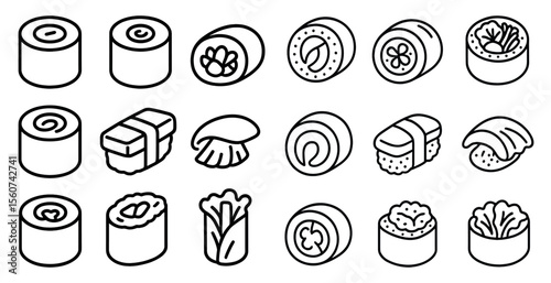 Collection of sushi rolls and other Japanese food. The sushi rolls are all different shapes and sizes, and some of them have vegetables on top. Concept of variety and abundance