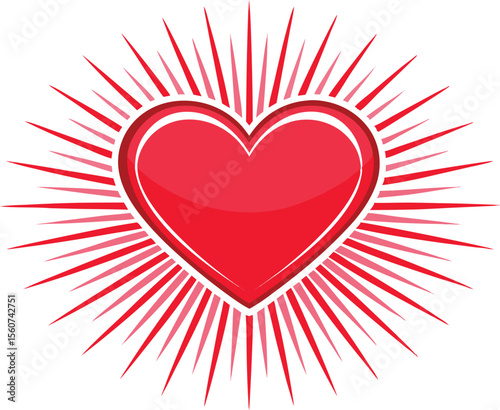 Radiant red heart with bursting rays silhouette isolated on transparent background