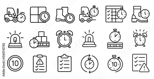 Set of black and white icons that represent different time-related concepts. The icons include clocks, alarms, and other time-related symbols. Scene is one of organization and punctuality