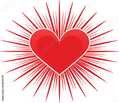 Vibrant red heart with bursting rays silhouette isolated on transparent background