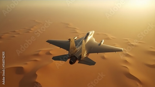 Fighter jet flying above Middle East desert,