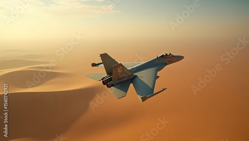 Fighter jet flying above Middle East desert,