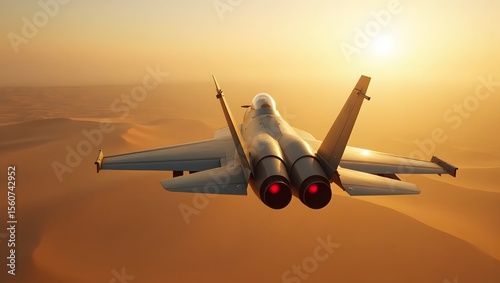 Fighter jet flying above Middle East desert,