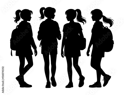 Silhouette of Four Teenage Girls Walking with Backpacks