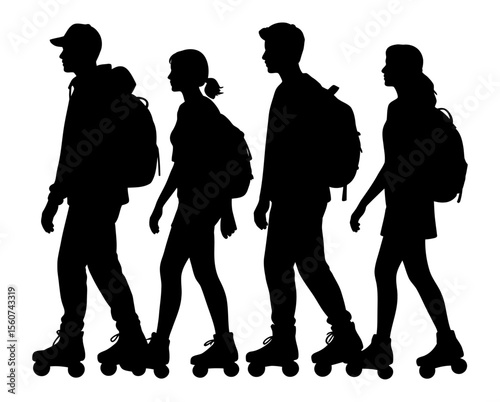 Silhouette of teenagers on roller skates with backpacks