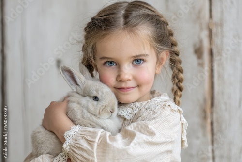 Young girl with braided hair gently holding a fluffy rabbit in her arms, smiling warmly against a rustic wooden background, showcasing a tender moment of companionship and innocence