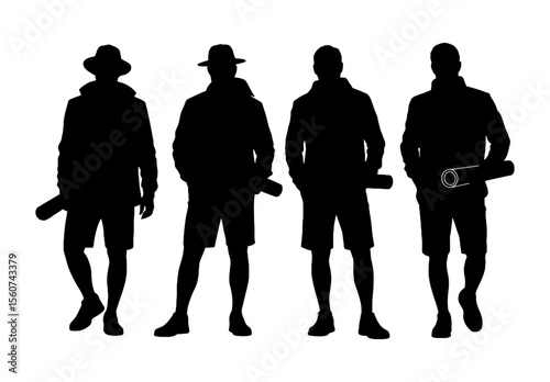 Four Silhouettes of Men in Short Shorts, Holding Items
