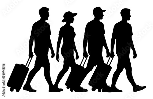 Silhouette of Tourists Walking with Luggage
