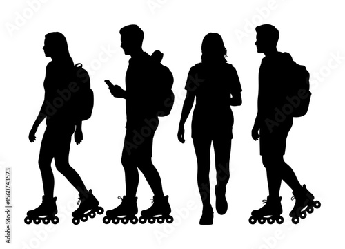 Four young people roller skating, a silhouette design
