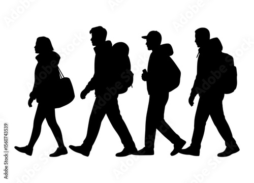 Silhouette of Four Travelers Walking with Backpacks