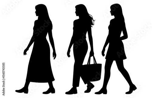 Three Women Walking Silhouettes in Different Outfits