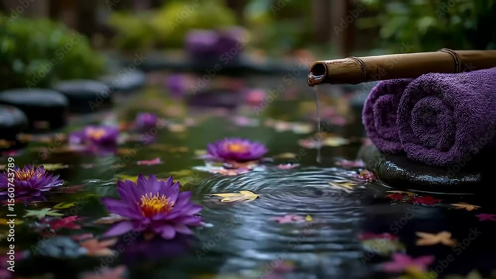 A water feature with purple water lilies, towels, and a bamboo spout is visible.