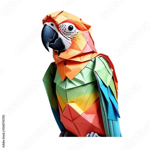 Vibrant geometric origami parrot, a stunning and colorful paper art representation of an exotic bird with a modern low-poly design, perfect for nature, pet, and abstract design themes.