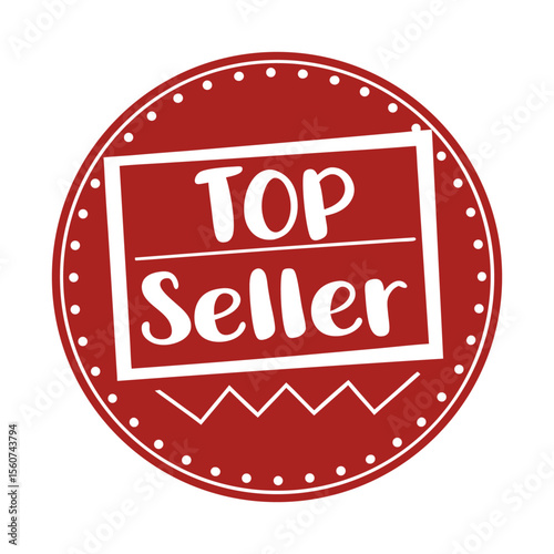 Top seller badge featuring a maroon red circle, white border, and stylized text for showcasing product popularity or achievement.