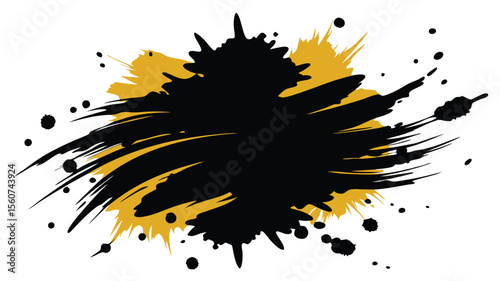 Abstract brush stroke design with ink splatter graphic element in yellow and black