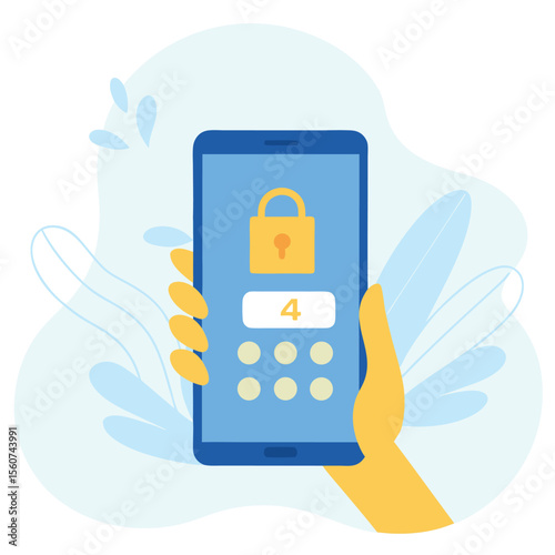 Hand holding phone with lock and number mobile technology