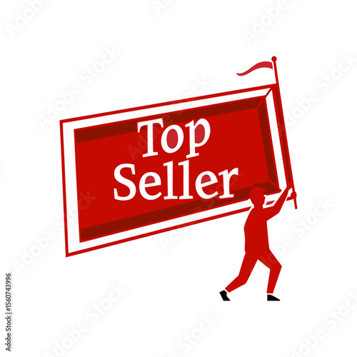 Red vector graphic showcases a Top Seller banner with a person carrying a flag, perfect for marketing promotion and sales achievements.