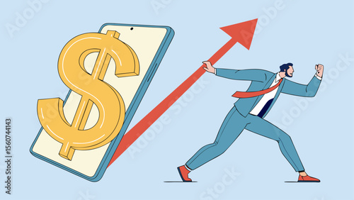 A driven businessman propels financial growth seen on mobile with an ascending arrow, representing online success and market trends.