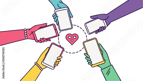 Hands holding phones surround a heart in an illustration portraying mobile communication, social media, and online networking.