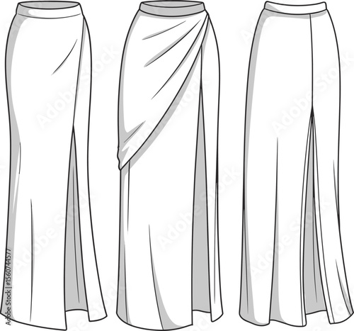 Long slit skirt vector fashion flat sketch, draped and fitted maxi skirt technical drawing, elegant evening skirt template
