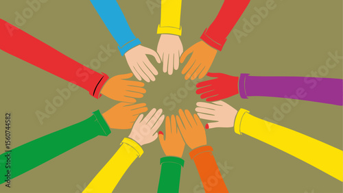 A group of diverse hands unites in a circle, showcasing teamwork, cooperation, and a sense of global community with vibrant colorful sleeves.