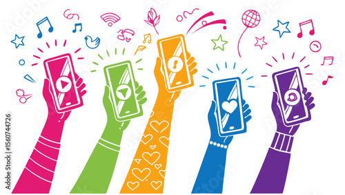 Colorful hands are holding up modern smartphones with social media icons, creating a vibrant and connected digital community.