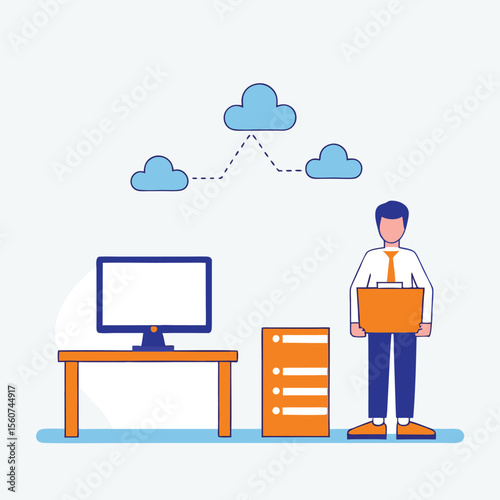 Man with briefcase near computer and clouds flat design