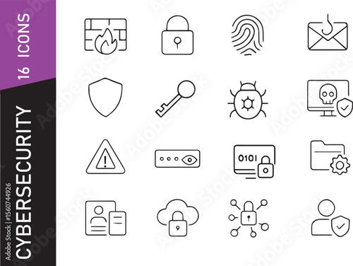 16 Cybersecurity Line Icons — Modern Outline Security and Data Protection Symbols for Web and App