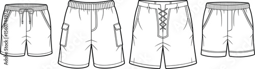 Men’s swim trunks and shorts technical flat vector sketch, boardshorts and cargo swimwear design mockup, front and back view
