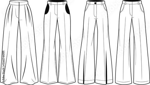Women’s wide leg pants technical flat vector sketch, high-waisted and flared trousers fashion design front and back view