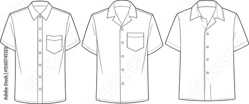Short sleeve shirt vector set, button-up collar shirt technical sketches for fashion design, sewing patterns, textile and apparel design