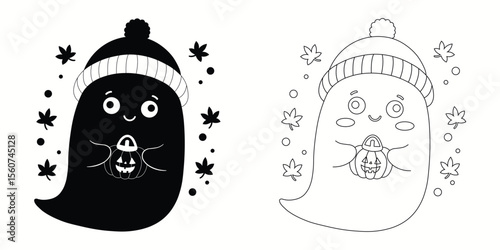 Halloween ghost and pumpkin silhouette and outline vector with white background.