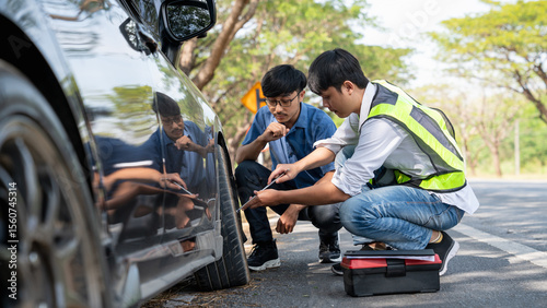 Fotografia Mechanic or driver providing roadside assistance by changing a flat tire and performing minor repairs on the side of the road during a vehicle breakdown
