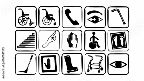 Collection of accessibility and medical symbols in black and white icons