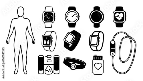 Collection of wearable fitness trackers and sports equipment icons on white background
