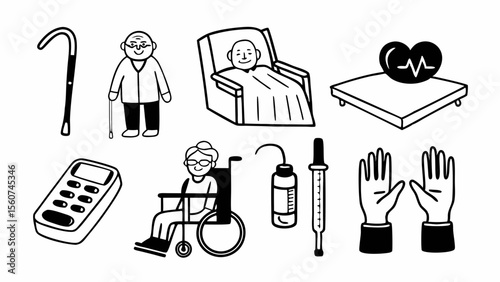Collection of hand drawn icons representing elderly care and medical equipment