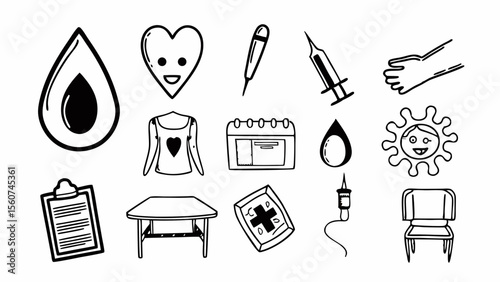 Collection of hand drawn medical icons representing healthcare and donation services