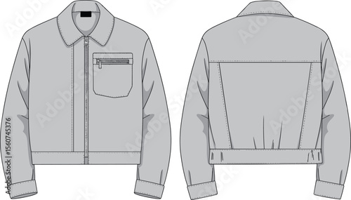 Cropped bomber jacket flat sketch, front and back view, fashion technical drawing, women outerwear design, zipper jacket vector template