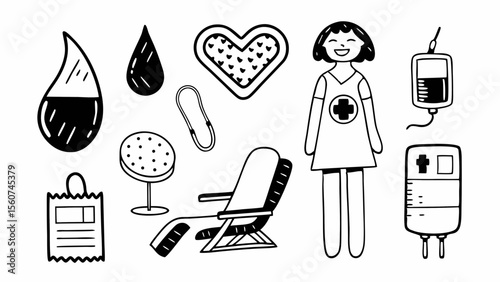 Hand drawn doodle set of blood donation elements and medical staff