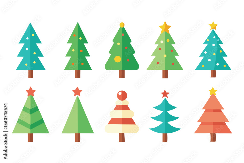 Obraz premium Flat christmas tree collection with stars and holiday decorations 