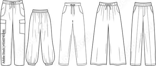Vector fashion pants flat sketch, women’s trousers technical drawing, joggers, wide leg, cargo pants, lounge wear, sewing pattern, apparel template